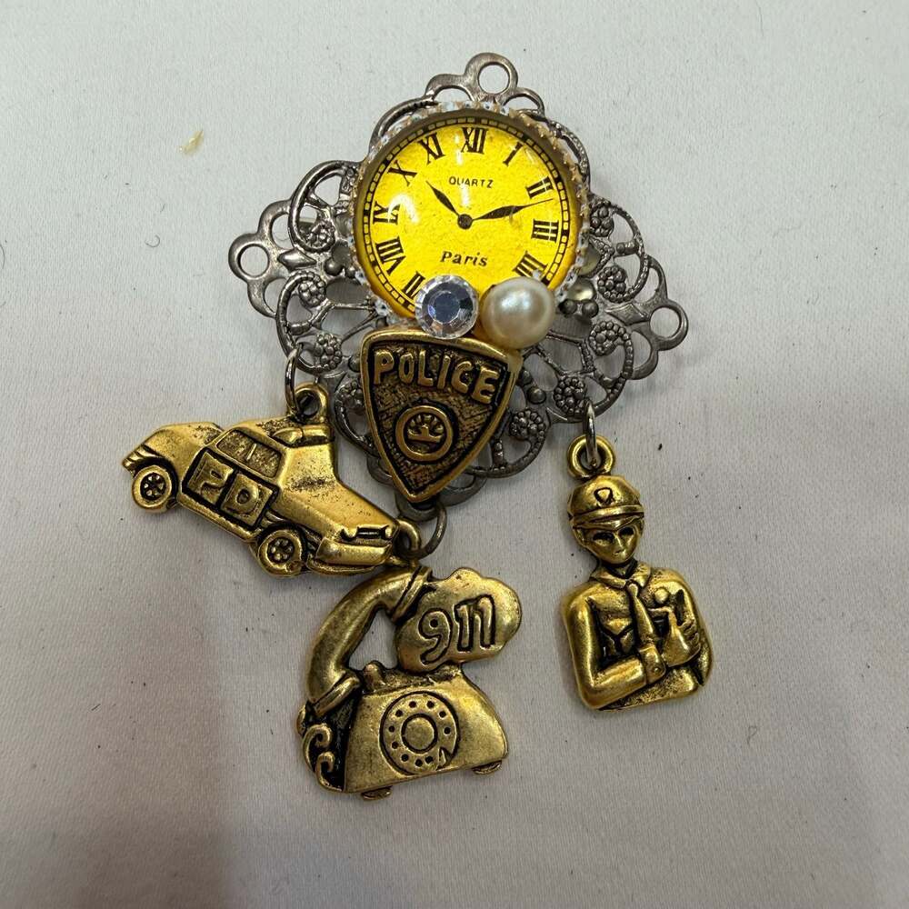 Vintage Style Police Theme Watch Brooch With Charms 911 Car Officer Badge